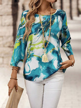 EMERY ROSE Women's Autumn Marble Print Round Neck 3/4 Sleeve Loose Blouse
